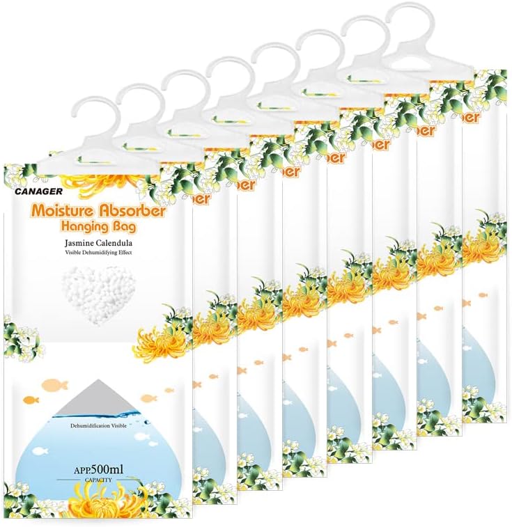 CANAGER Hanging Moisture Absorber, Jasmine Calendula Moistureproof Hanging Bag，Dehumidifier Bag (8 packs) Hanging Closet Dehumidifier Bags, Moisture Absorb 12.5 oz - Image 1